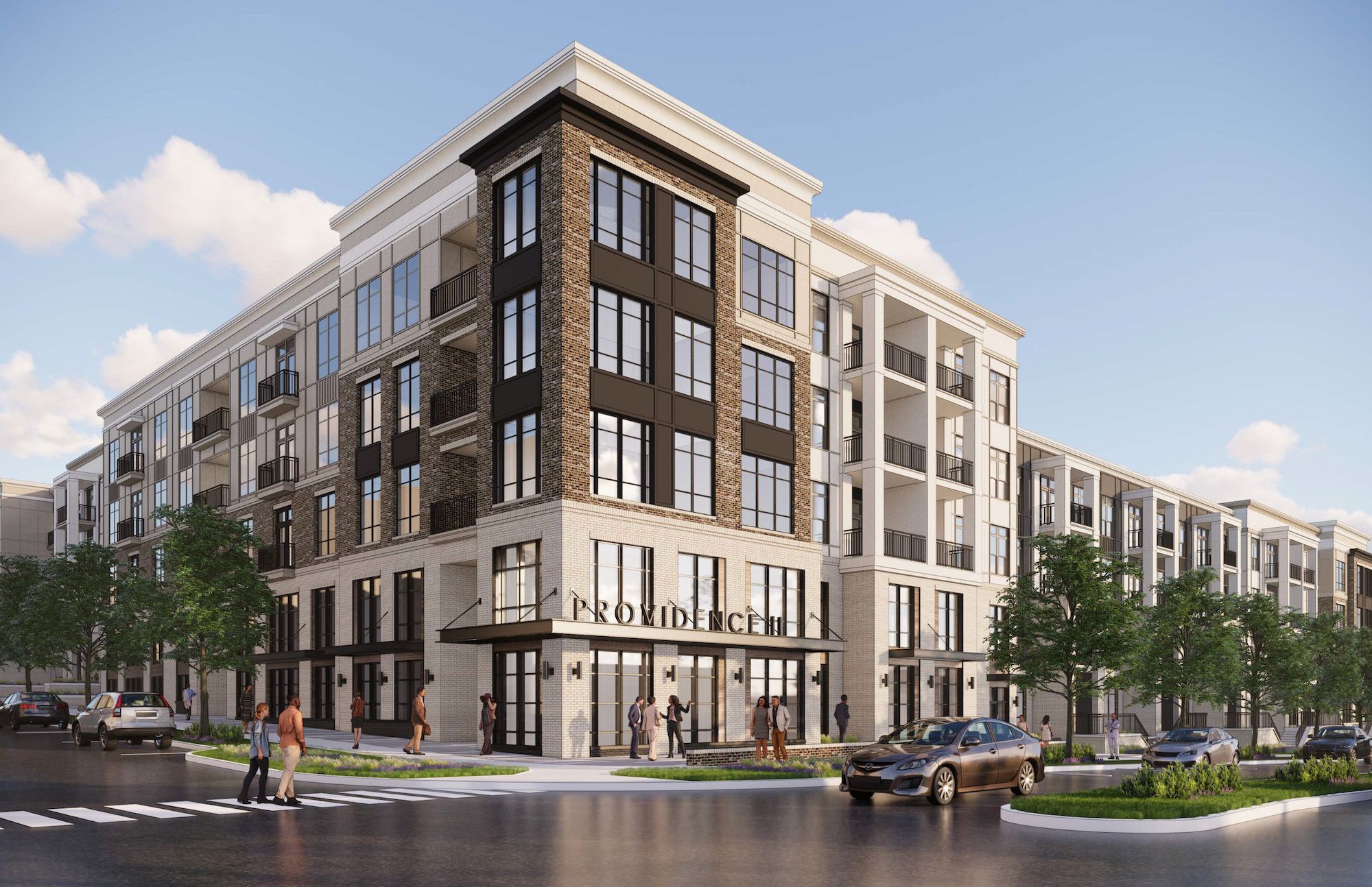 Northwood Ravin Property Management Portfolio, rendering of PROVIDENCE ROW II in Charlotte, NC, a multi-family, multi-story apartments with balconies, green trees and residents walking around and talking