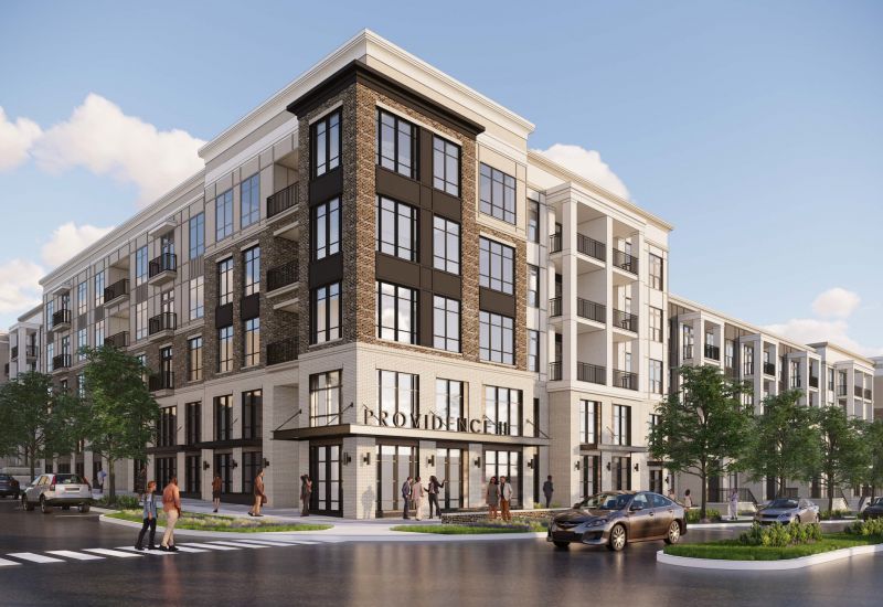 Northwood Ravin Property Management Portfolio, rendering of PROVIDENCE ROW II in Charlotte, NC, a multi-family, multi-story apartments with balconies, green trees and residents walking around and talking