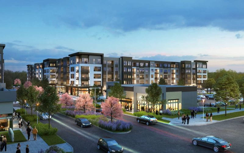 Northwood Ravin Property Management Portfolio, rendering of PRESERVE AT WESTFIELDS II in Chantilly, VA, a multi-family, multi-story apartments with balconies, green trees and grass, retail shops on the ground floor, and residents walking around and talking